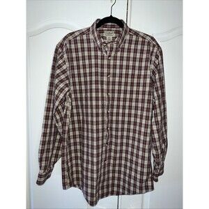 LL Bean Shirt Men's Med Tall Cotton Plaid Red Tan Beige Outdoor Tartan Midweight
